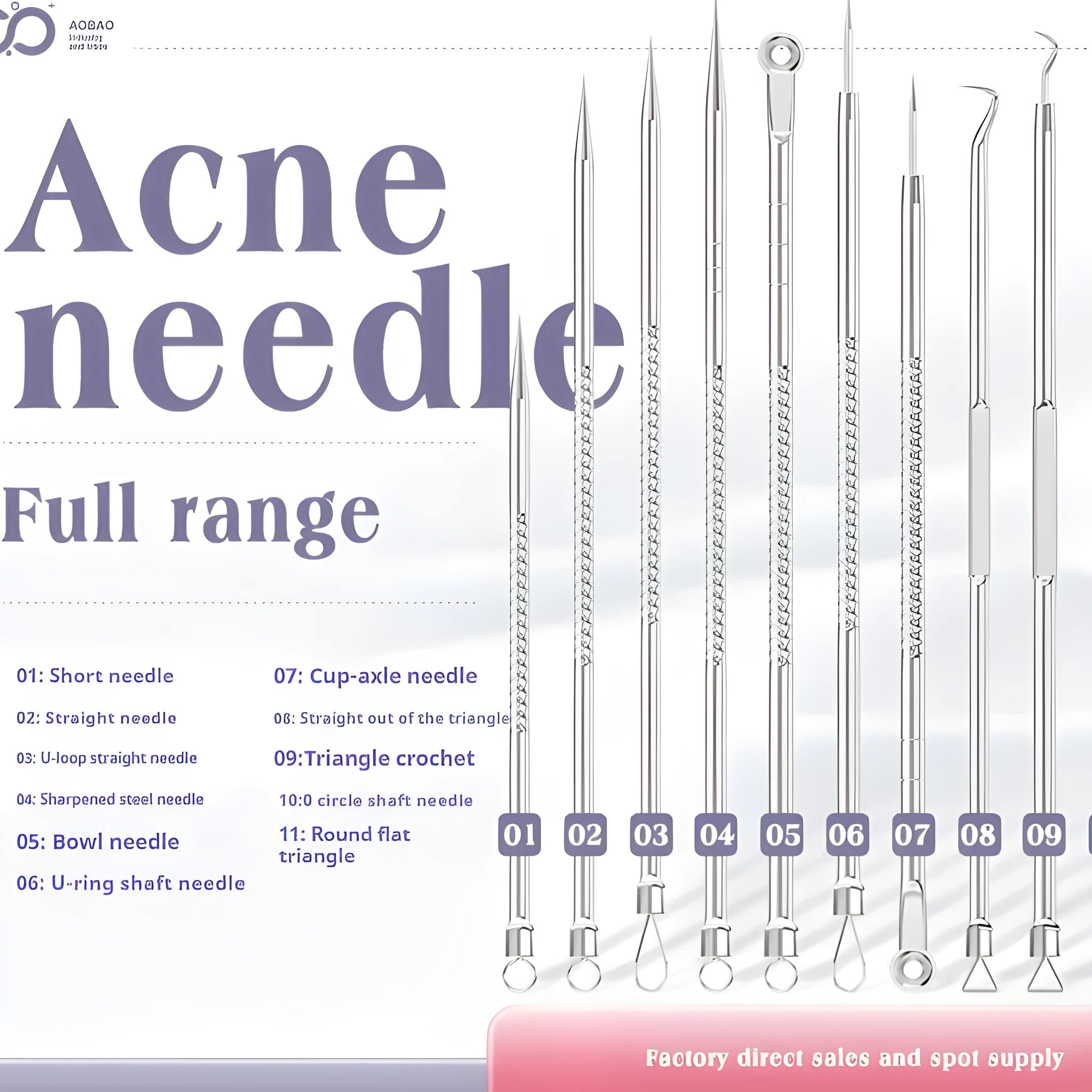 Four-piece stainless steel acne needle set with ultra-fine pointed tips and extraction clip on silver background