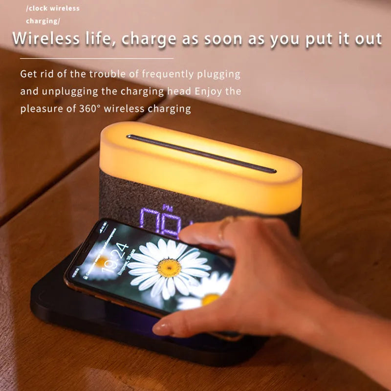Modern glass wireless charging desktop clock with night light function in black minimalist design