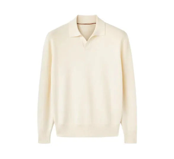 Pure wool lapel polo sweater in loose fit, shown in milky white and navy blue.