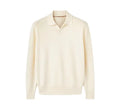 Pure wool lapel polo sweater in loose fit, shown in milky white and navy blue.