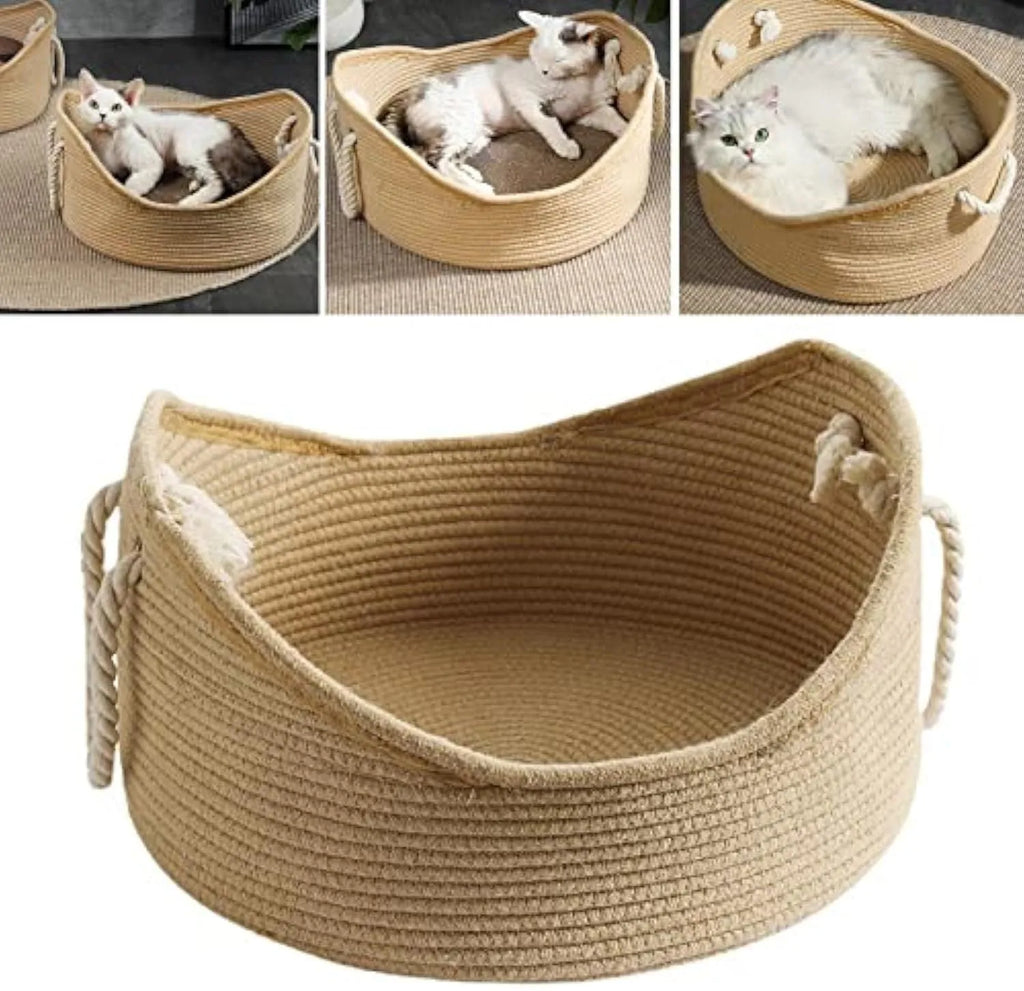 Wicker cat bed basket with integrated corrugated scratching board in natural material