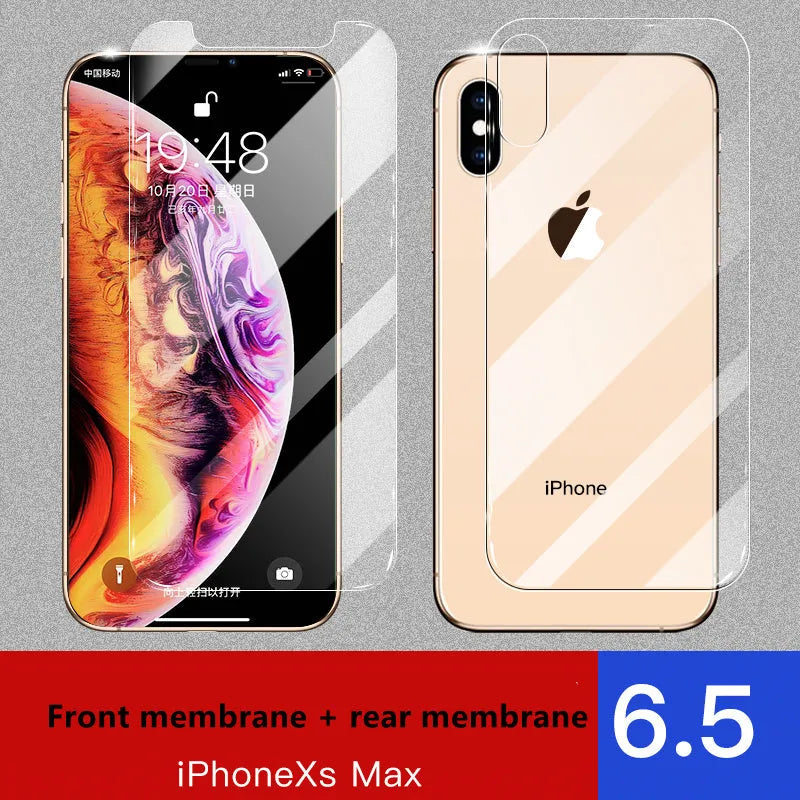 Apple iPhone tempered glass screen protector film for front and rear, showing half-screen design