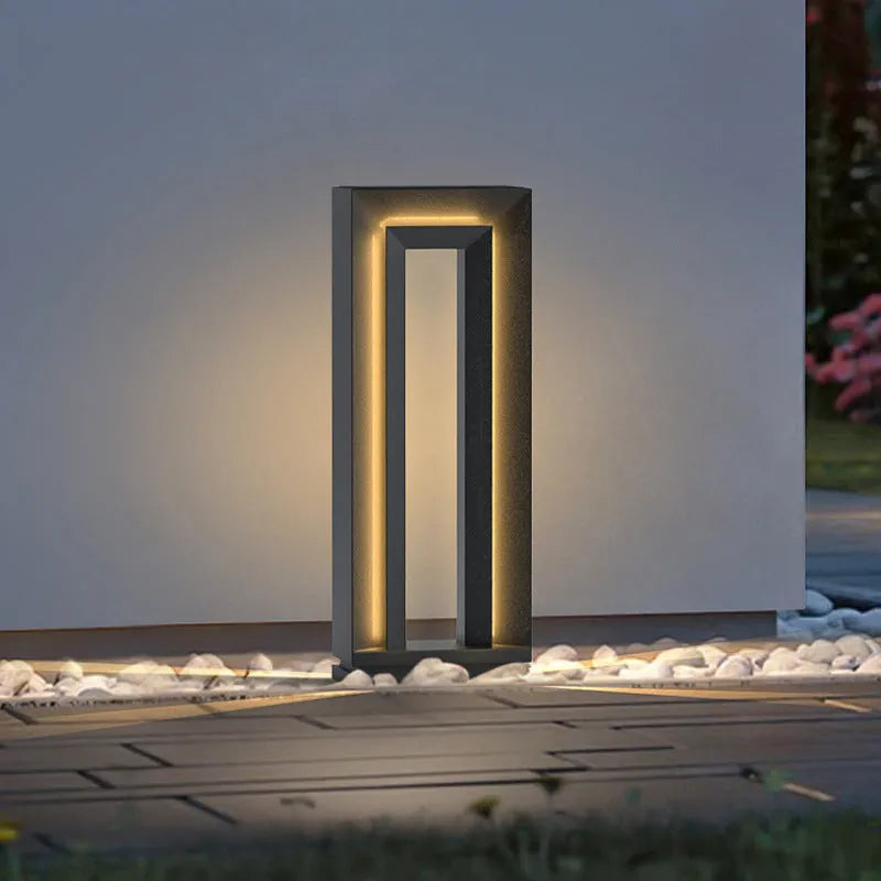 Solar square outdoor garden landscape lamp in geometric abstract art design, stainless steel and acrylic, IP65 waterproof, 62cm height