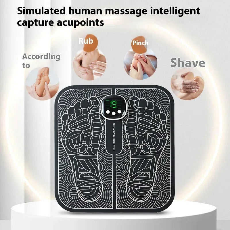 A rechargeable reflexology foot massager mat with remote control and USB charging cable.