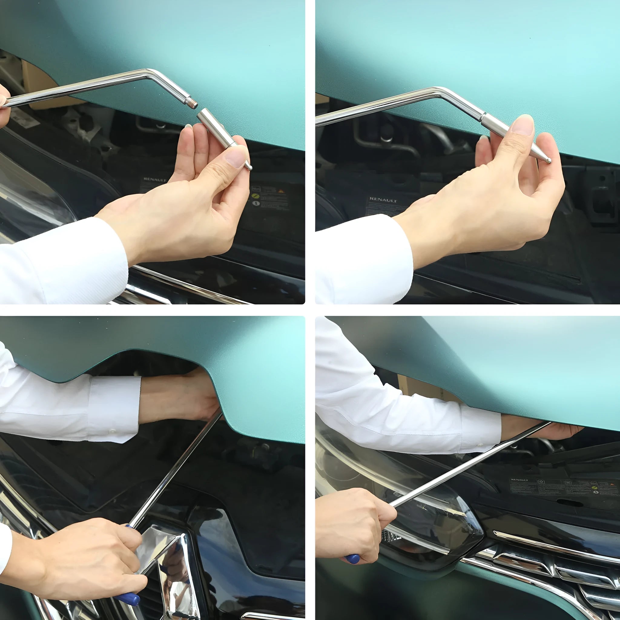 Three-piece alloy steel car dent repair tool set with hook and crowbar on a workshop bench.
