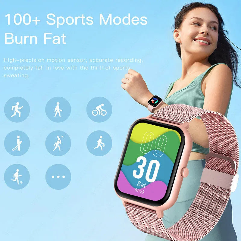 ZL54C smart watch on wrist showing health stats on AMOLED screen, with Milanese steel strap option.