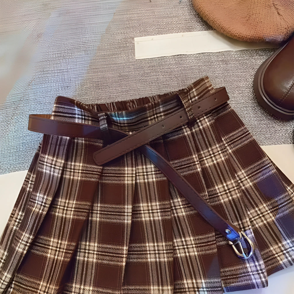 Girls' plaid pleated skirt in cotton blend fabric shown in A-line style for casual wear