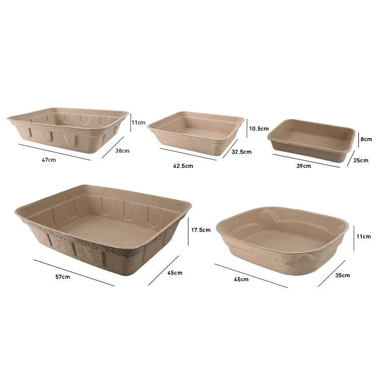 Brown disposable waterproof cat litter box showing three size options for small to medium cats