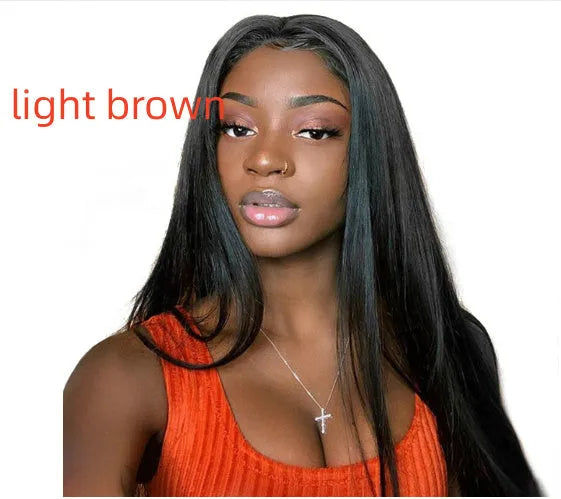 Long straight synthetic wig with centre parting and bangs in black colour