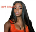 Long straight synthetic wig with centre parting and bangs in black colour