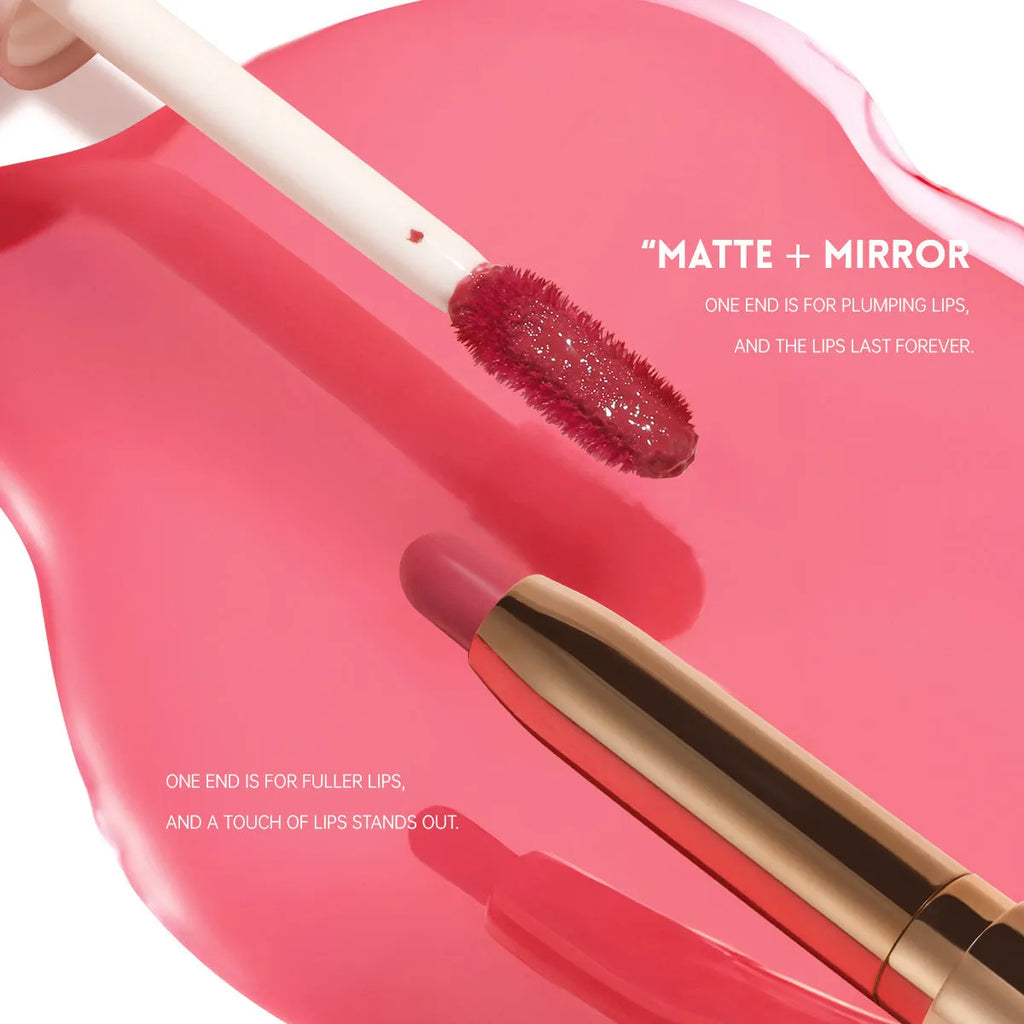 Double-headed lipstick showing matte colour and gloss ends with 10 colour options