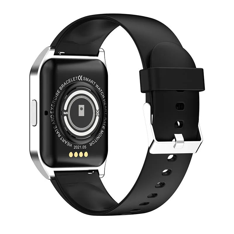 Black smart watch with 1.69-inch screen displaying heart rate and call functions on silicone wrist strap