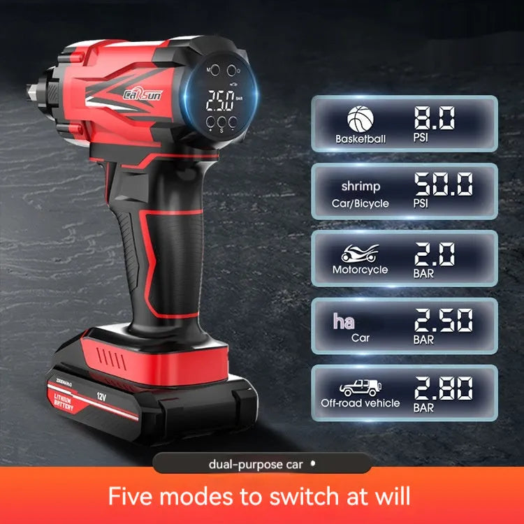 Red and black portable wireless car tyre air pump with power cable and nozzle attachments on a table.