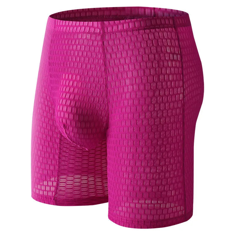 Men's lace boxer shorts in rose red colour showing shaping design