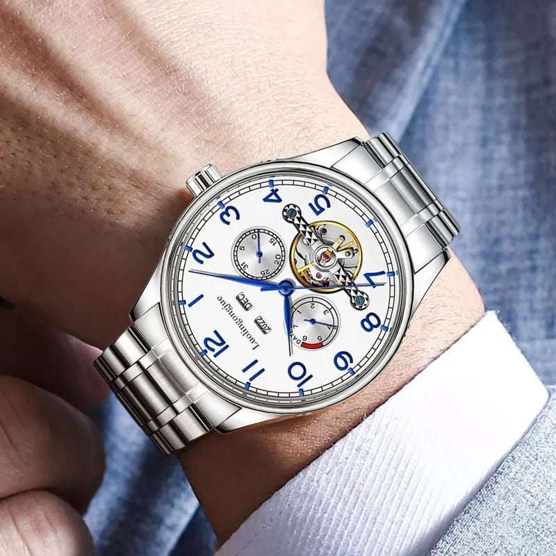 Men's stainless steel business mechanical watch with hollow skeleton dial and leather strap.
