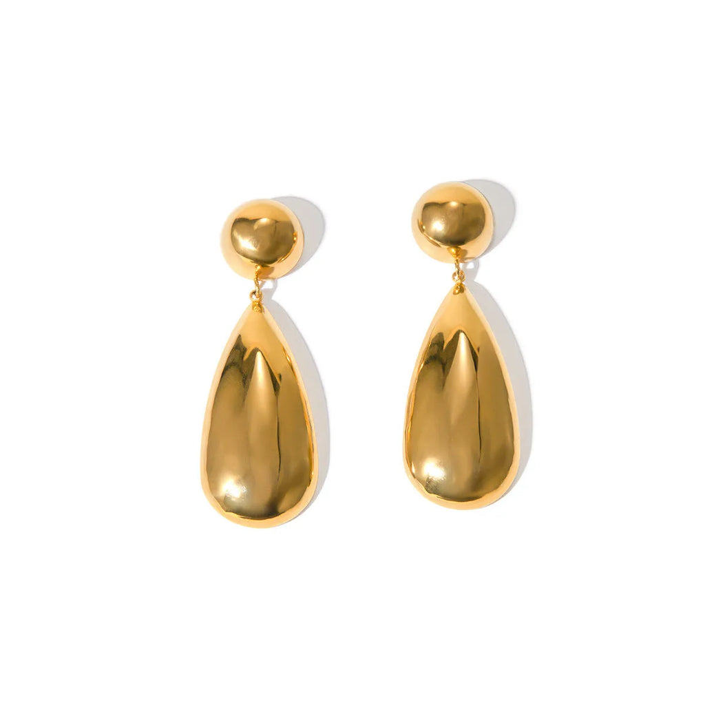 Gold electroplated stainless steel earrings with a geometric hemisphere and water drop pendant.