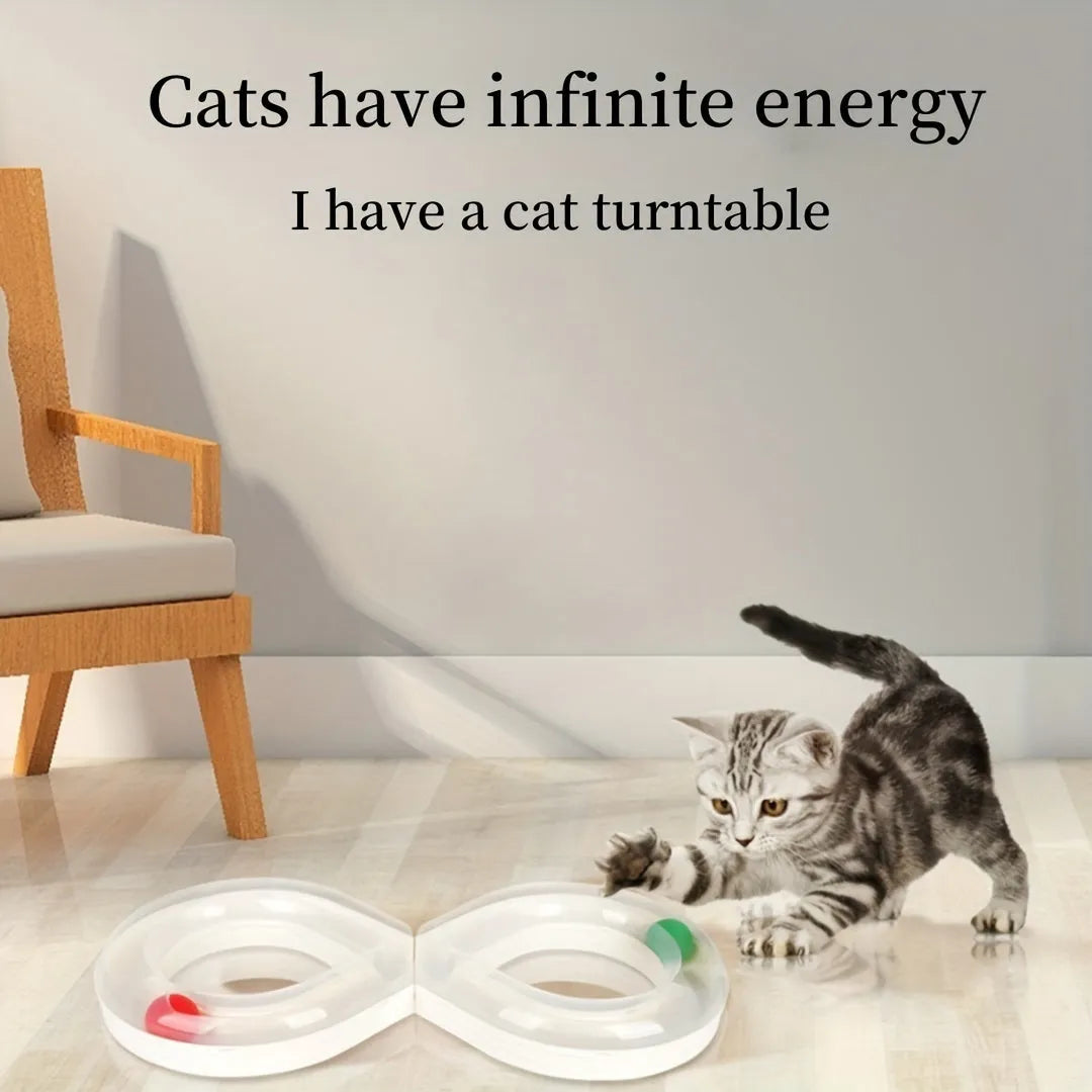 Blue and white plastic cat toy turntable track with a ball and a separate teasing stick.