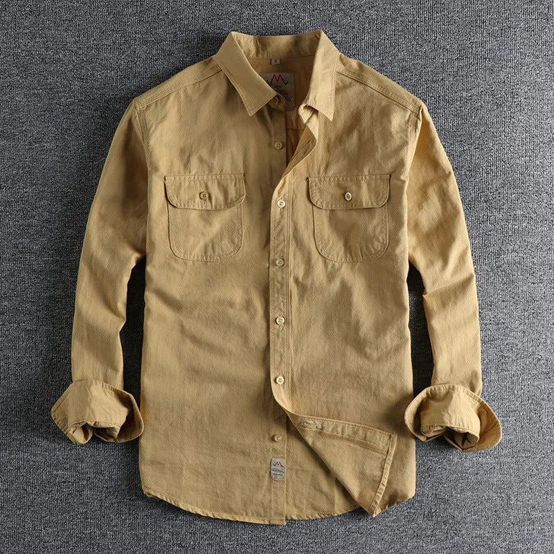 Men's white cotton cardigan-style shirt with long sleeves and regular fit