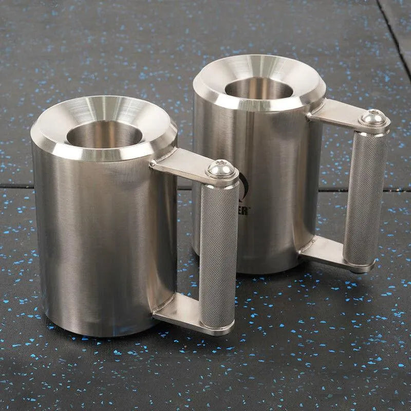 Silver stainless steel dumbbell overweight cup weighing 8kg on a cast iron base.