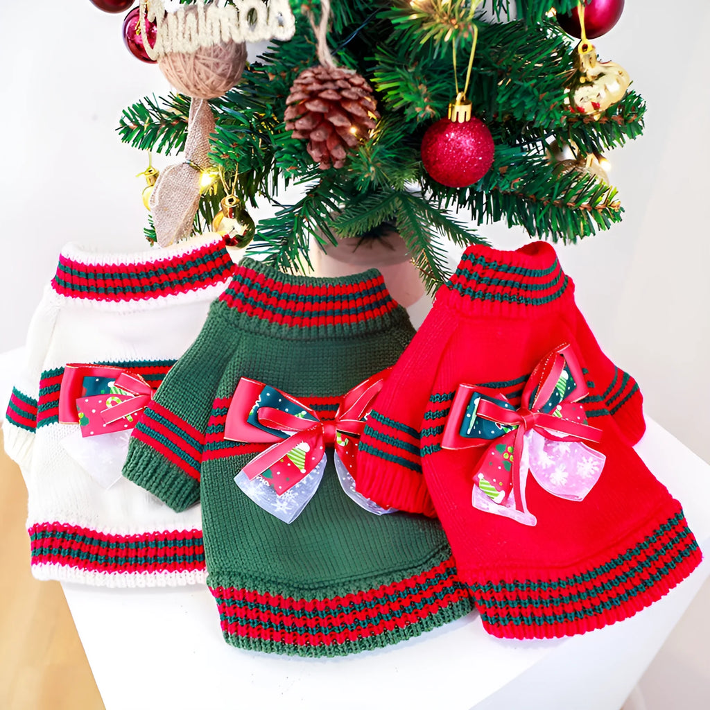 Dog wearing red Christmas jumper with festive holiday motifs, polyester pet sweater for seasonal wear