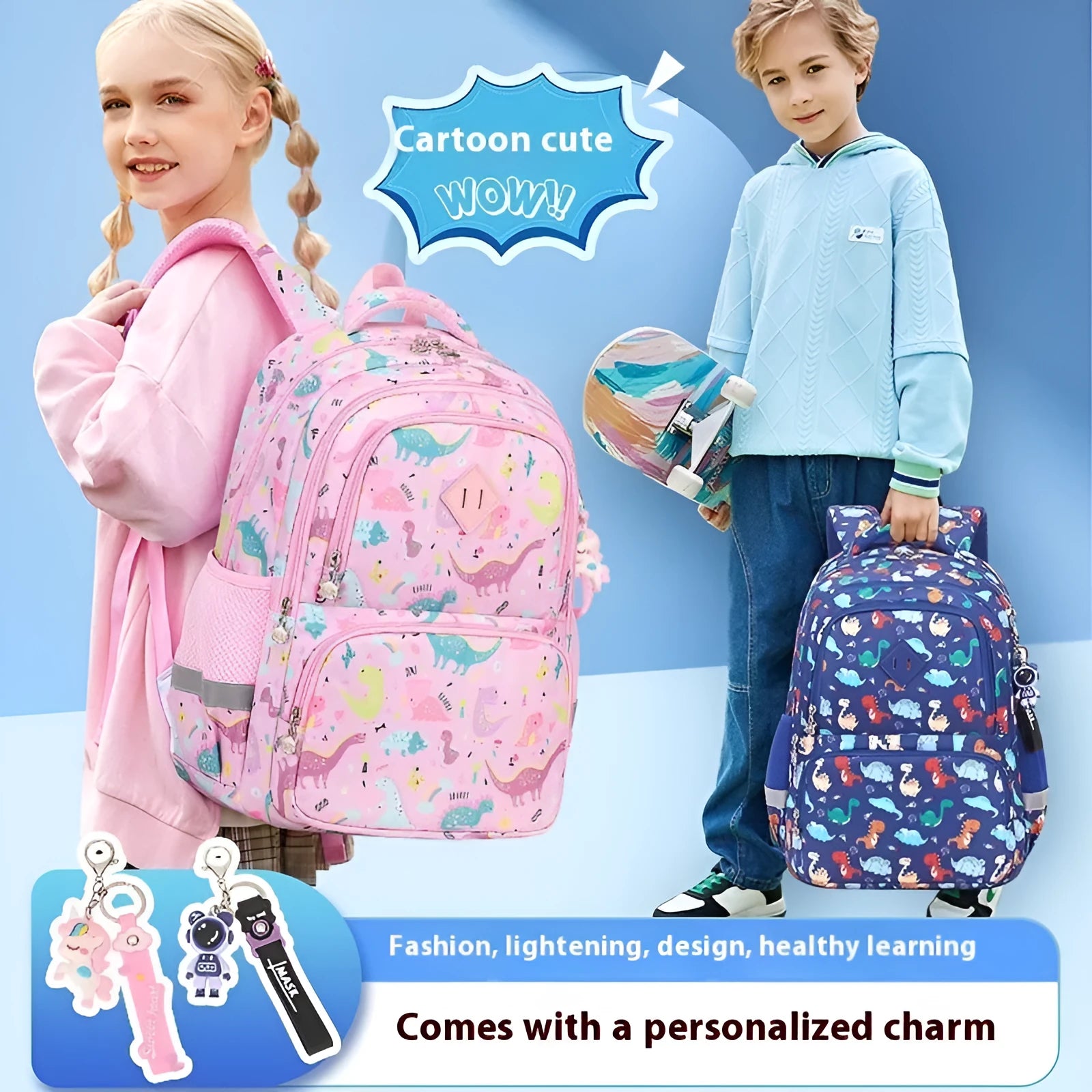 Children's waterproof school backpack with dinosaur pattern showing curved shoulder straps and spine protection feature
