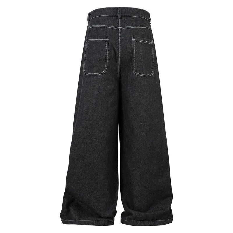Black multi-pocket pleated denim workwear jeans for teenagers front view
