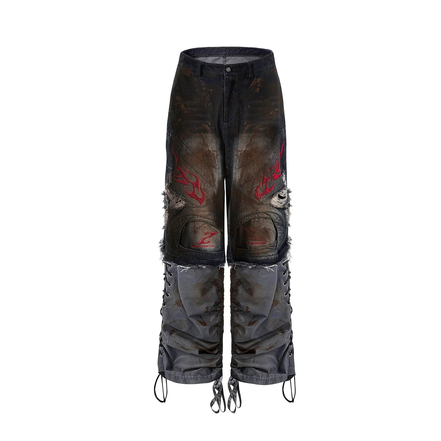 Men's light blue retro jeans with detachable legs showing wide loose fit and mid-high waist