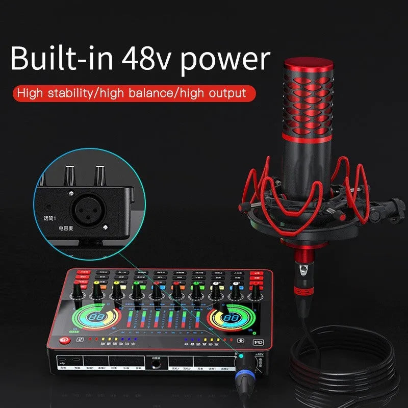 G4 professional live broadcast sound card set with LCD screen, microphone, audio cables, and remote control.