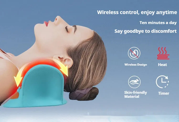 Blue USB-powered cervical traction pillow with red light and infrared therapy on a flat surface