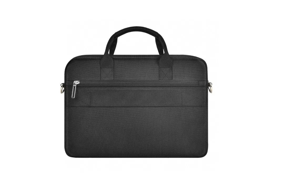 Black Oxford cloth laptop backpack showing multiple organisation pockets and a separate padded computer compartment.