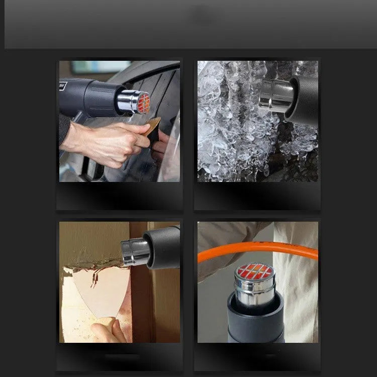 Black and silver industrial hot air gun with a grid-pattern nozzle and two-gear switch on the handle.