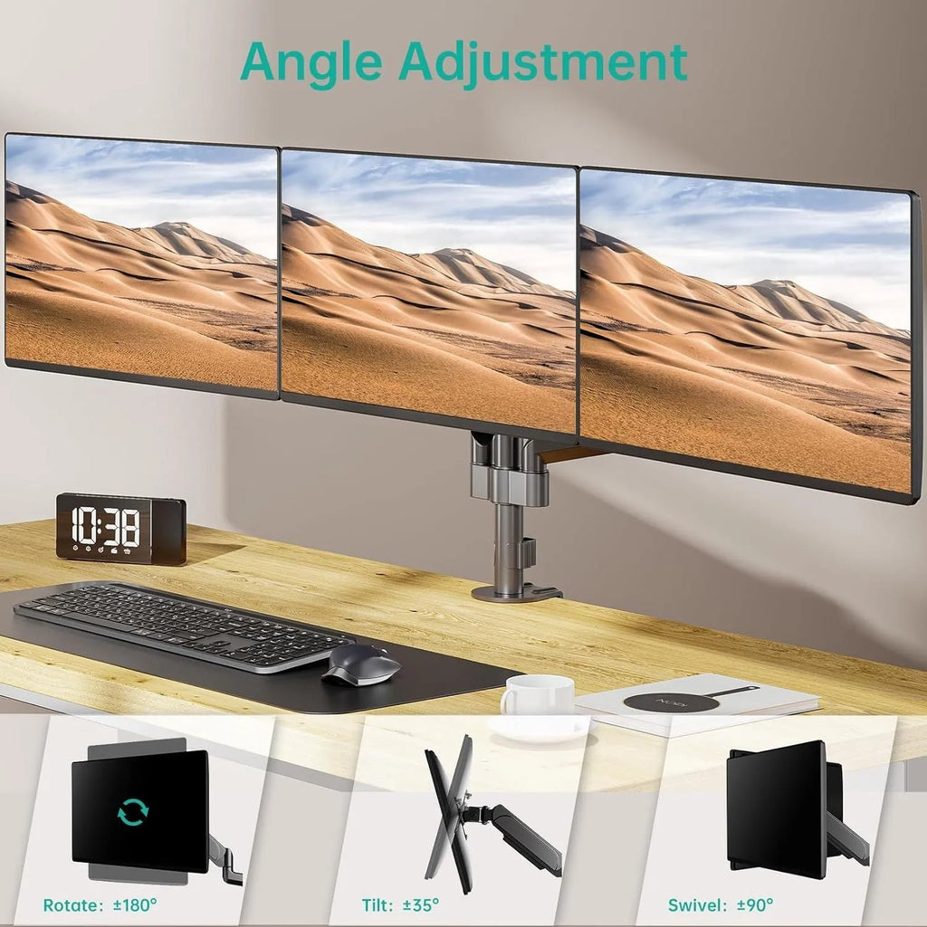 Black three-arm gas spring monitor mount for 27-inch computer screens