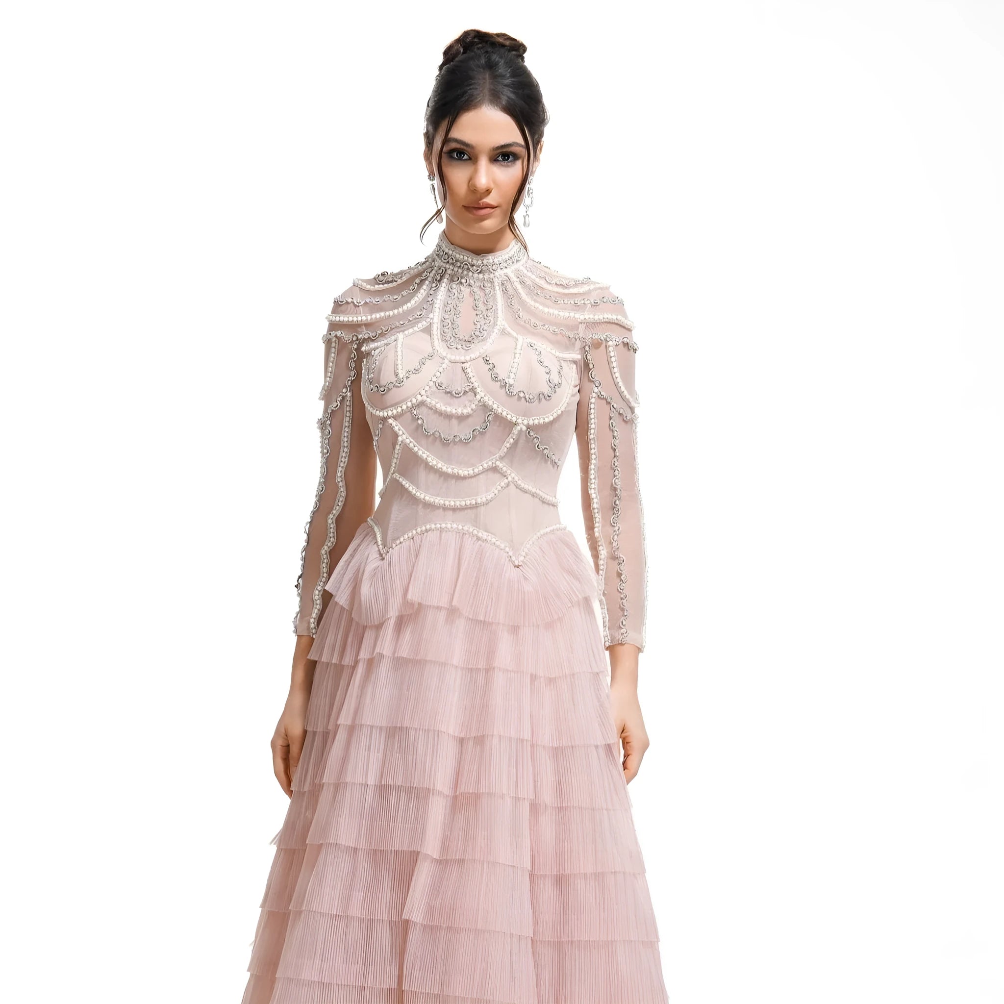 Women's long sleeve black dress with beaded decoration and mid-waist design