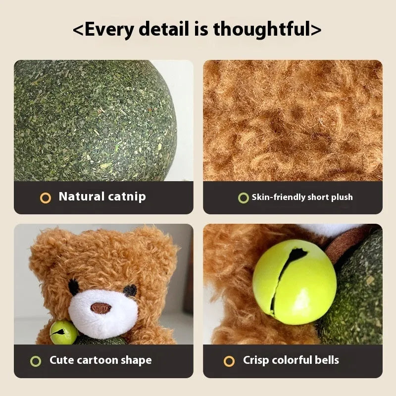 Plush cat toy with catnip ball and bell in animal designs for feline dental relief and play