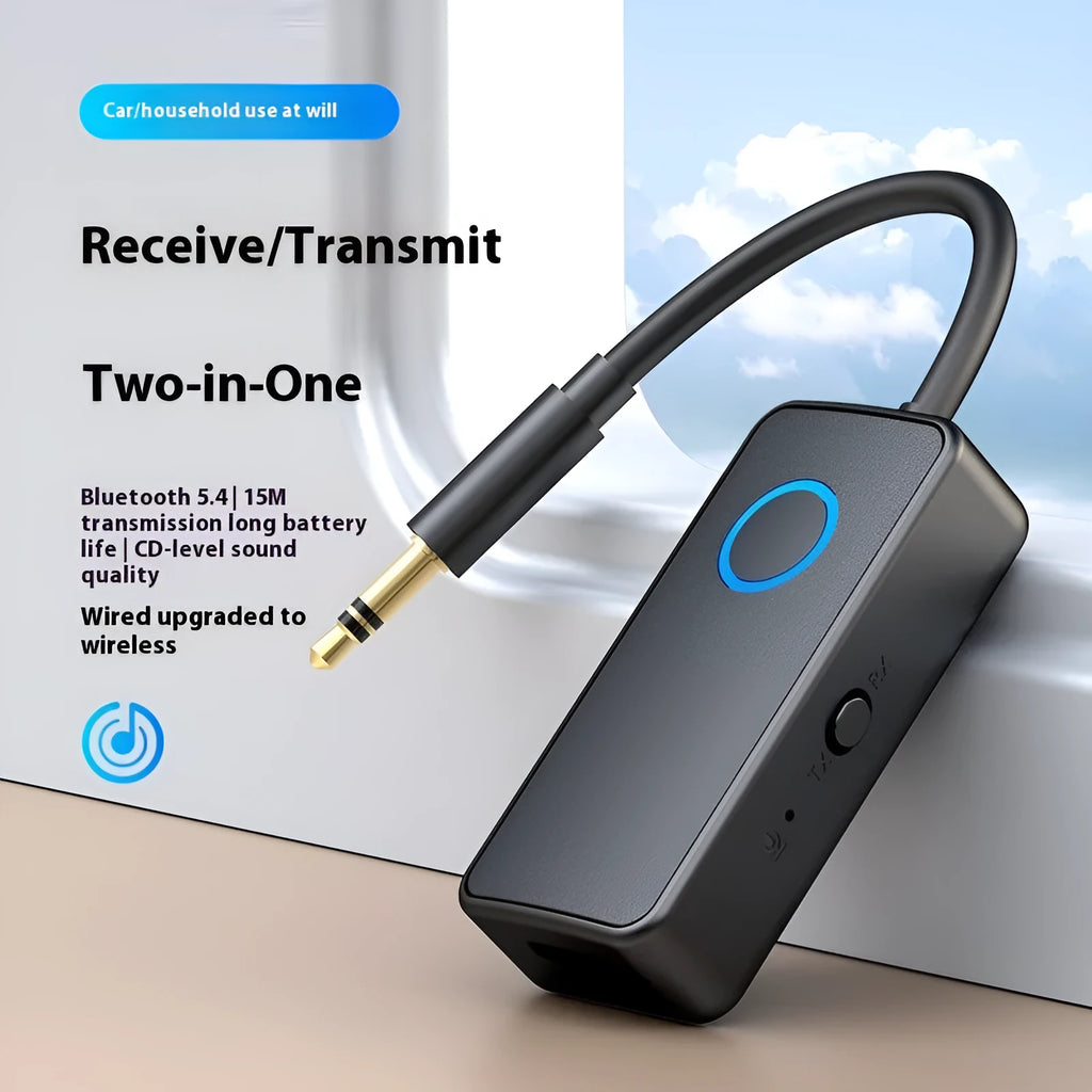 Bluetooth 5.4 audio adapter with 3.5mm plug, black ABS casing, for wireless streaming to speakers or headphones