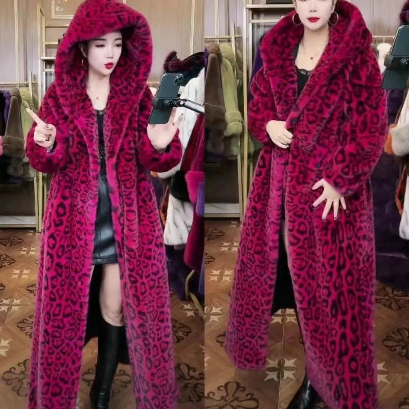Long brown leopard print faux fur coat for women, shown loose fit with regular sleeves
