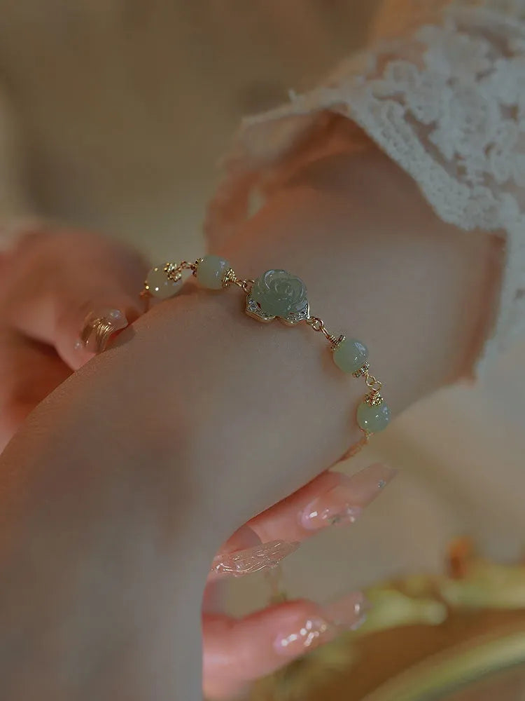 Handcrafted Hetian jade rose 14K gilded women's bracelet in flower shape with literature style