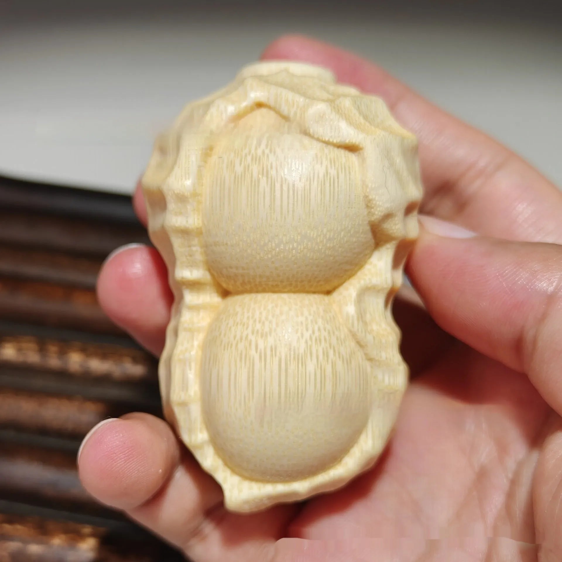 Natural solid bamboo carving peanut ornament with modern simplicity design for gift giving