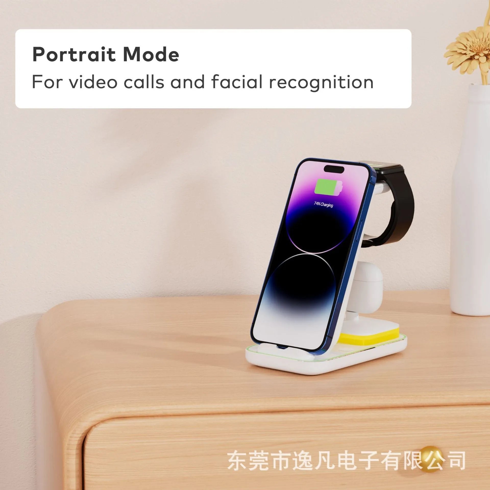 15W fast charge vertical wireless charger with phone, watch, and headset, black colour, on a desk