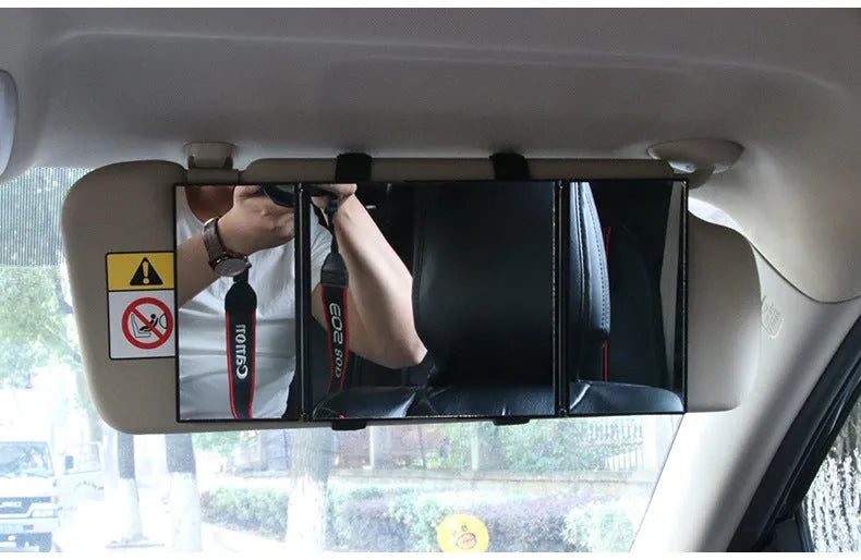 Silver car visor folding makeup mirror showing opened and closed positions