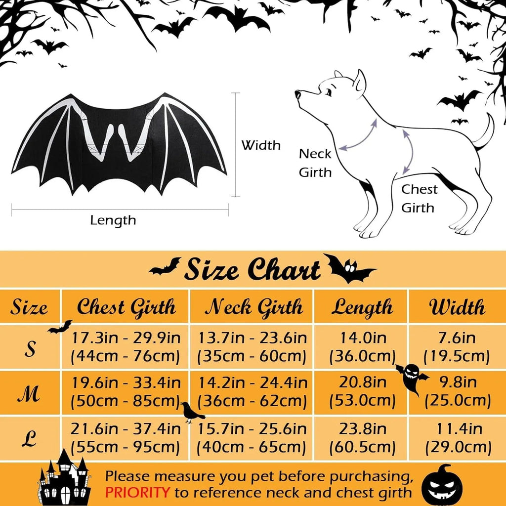 Small dog wearing a black bat costume with luminous skeleton bone wings against a Halloween background