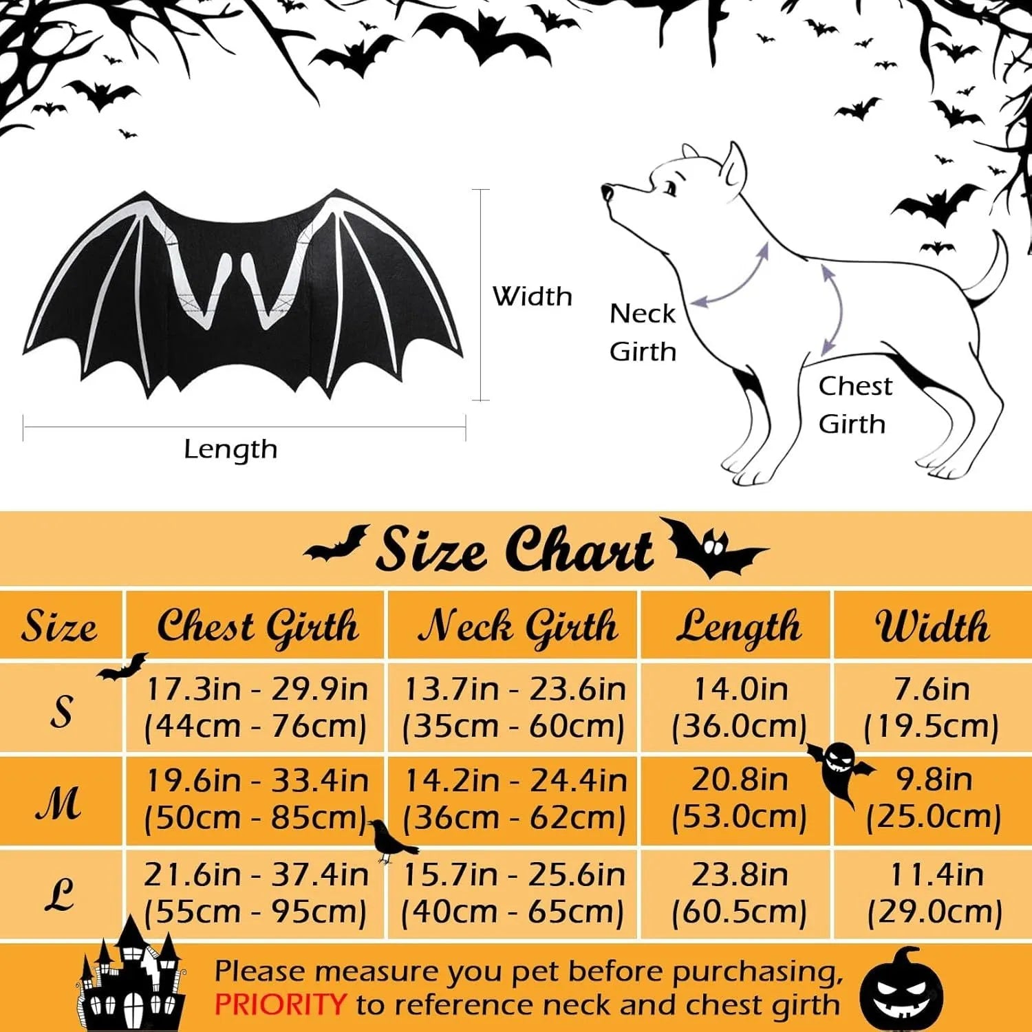 Small dog wearing a black bat costume with luminous skeleton bone wings against a Halloween background