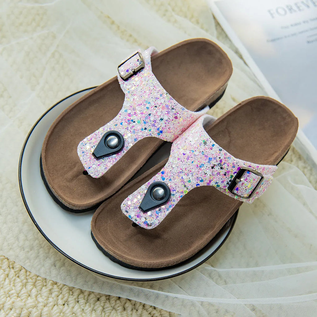 Gold pink silver cork flip-flops with waterproof artificial leather uppers and non-slip PVC soles