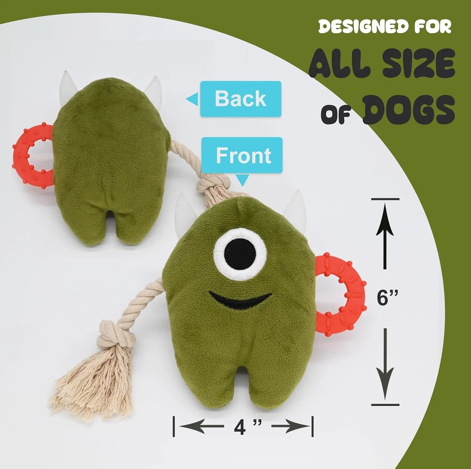 Blue and green plush dog toy with integrated cotton rope elements and squeaker