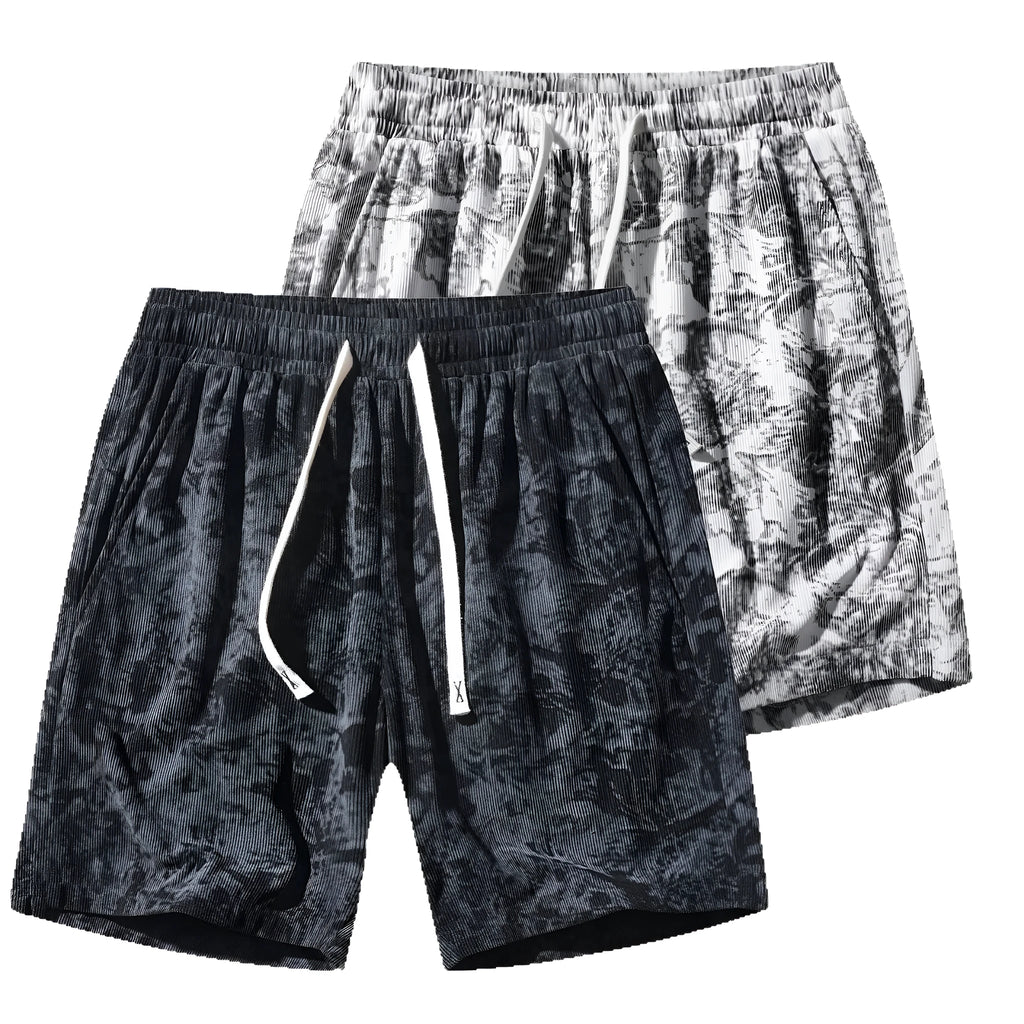 Men's black corduroy camouflage pattern athletic shorts with a high waist and straight-leg design on a mannequin.