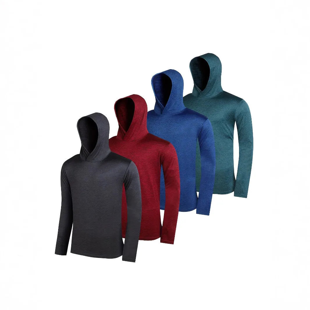 Four men's lightweight hoodies folded, showing elastic polyester fabric in a solid colour.