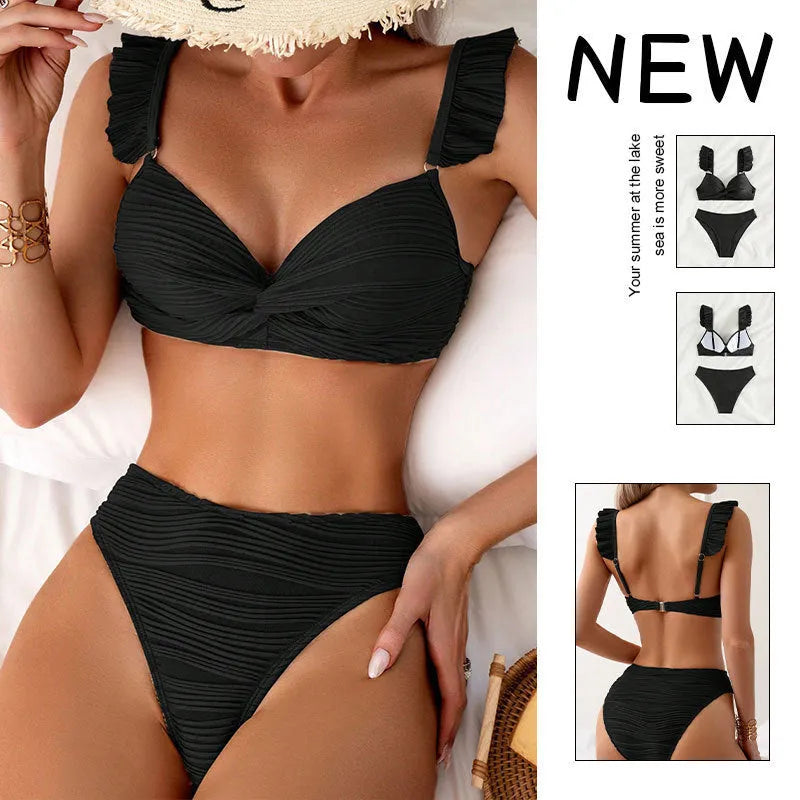 Solid colour women's polyester bikini swimsuit in black or khaki, sizes S M L XL.