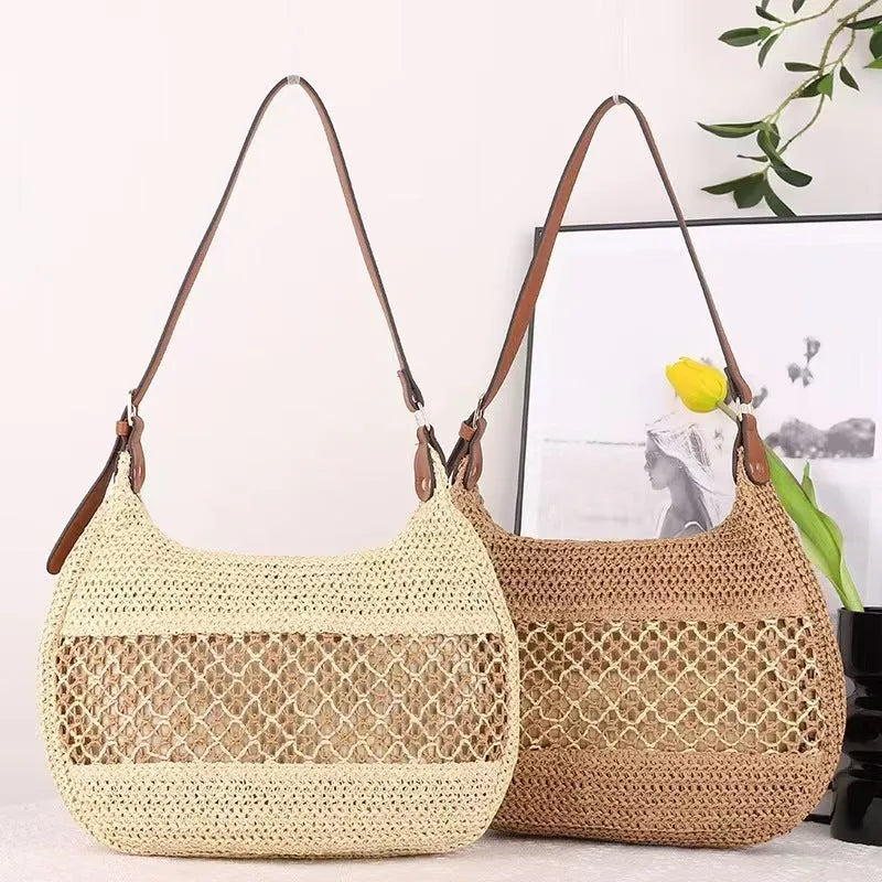 Women's straw cross body bag in khaki or milky white with horizontal square shape and sandwich pocket