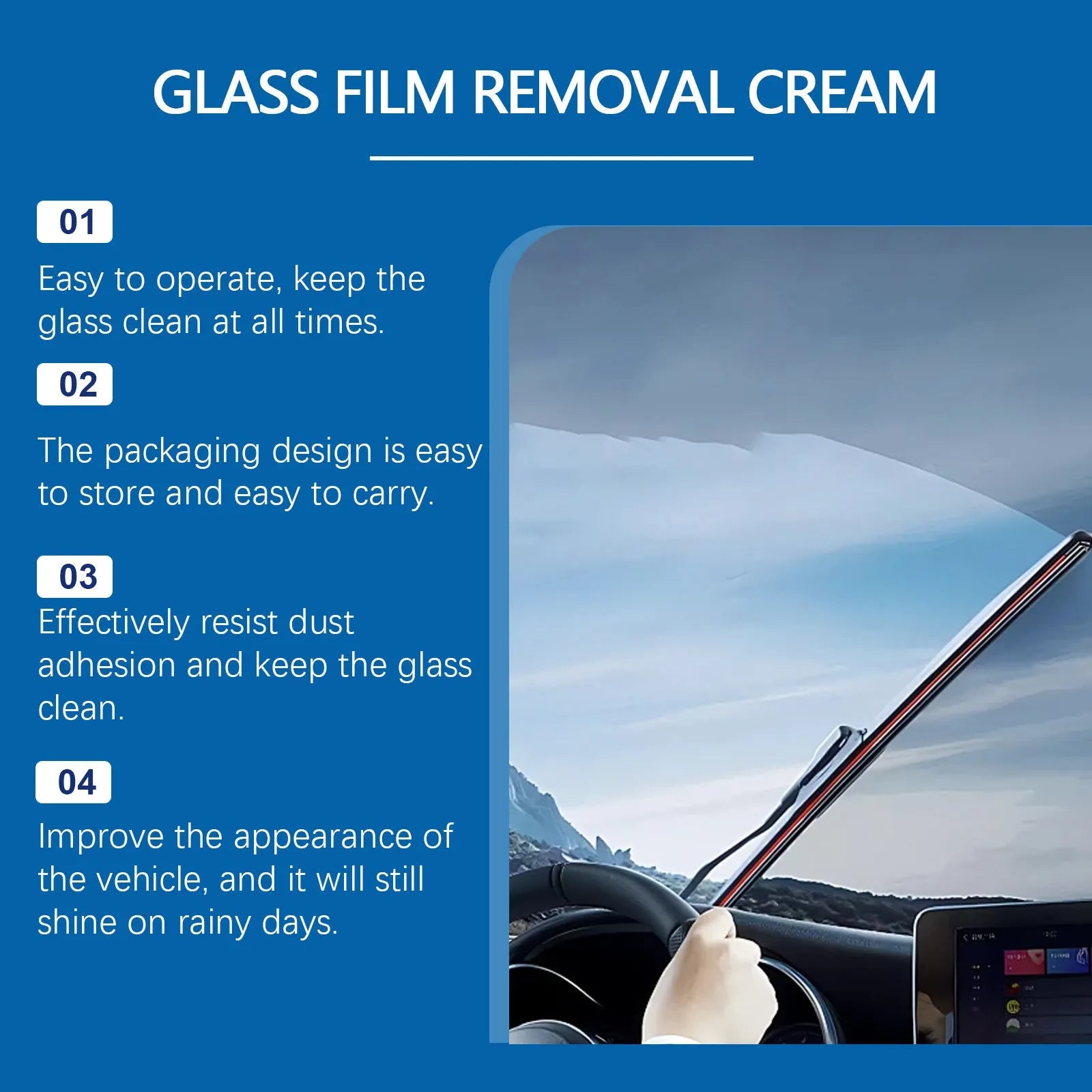 Car glass oil film cleaner 30g bottle with sponge and towel on a windscreen