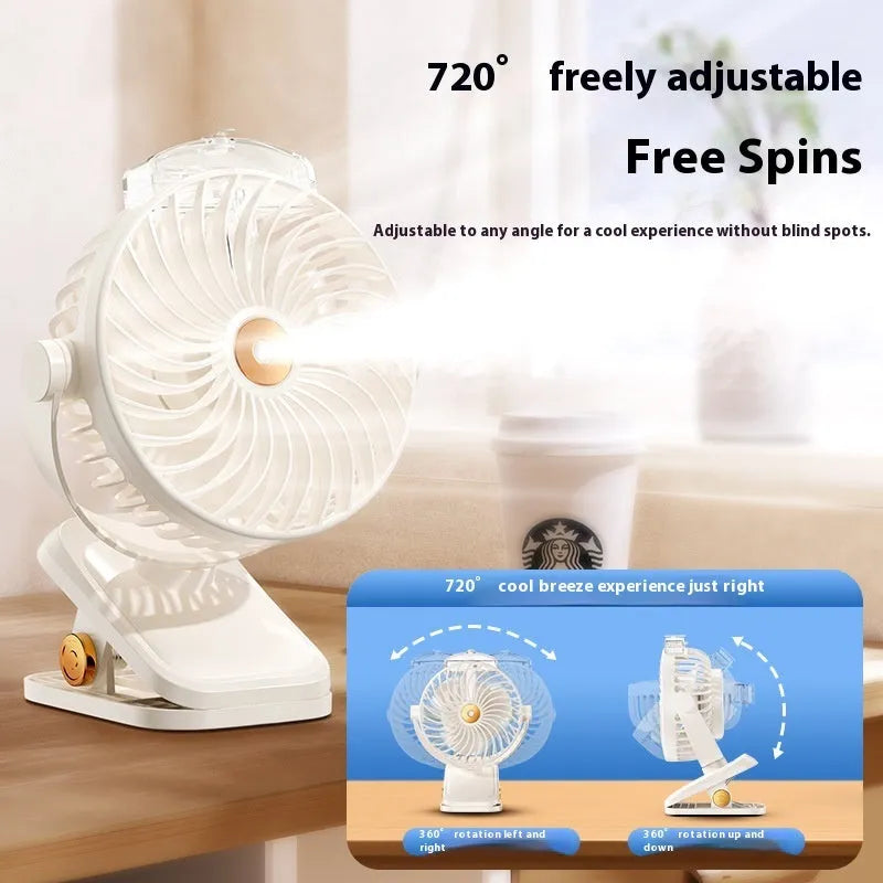 White portable USB rechargeable clip fan with spray mist, brushless motor, and 5 speed modes on a desk